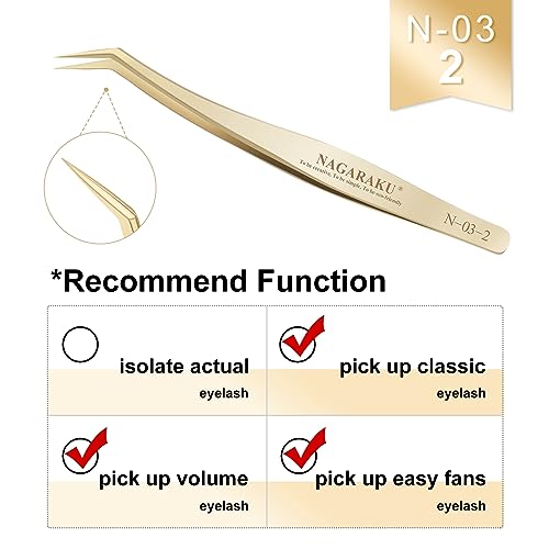 NAGARAKU Gold Eyelash Extension Tweezers Precision Tip - N-02-2 & N-03-2