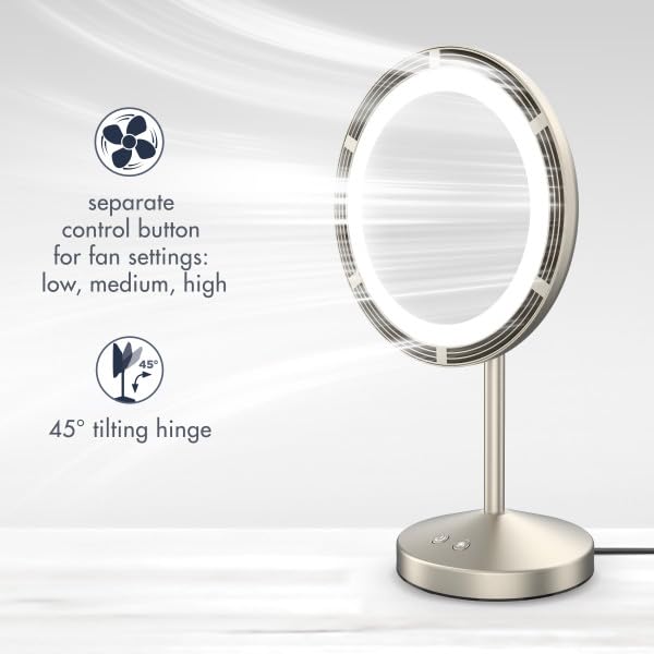 Conair LED Makeup Mirror - Lighted Vanity Mirror with Fan & Spot Magnification | 6.3-Inch Brushed Satin Nickel Finish