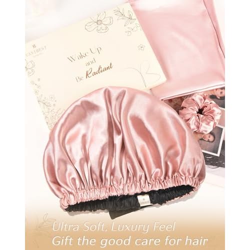 YANIBEST Adjustable Satin Bonnet Double Layer Hair Bonnet for Sleeping Bonnets for Women Hats Curly Natural Hair, Blush Pink