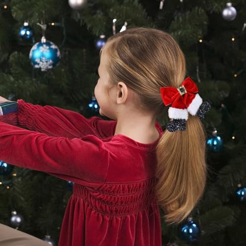 Red Velvet Christmas Hair Bows 2pc Glitter Santa Clip & Hairpin Set - Miroksh