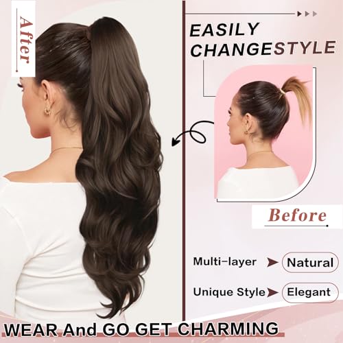 CHRSHN 26-Inch Wavy Drawstring Ponytail Extension - Medium Brown Synthetic