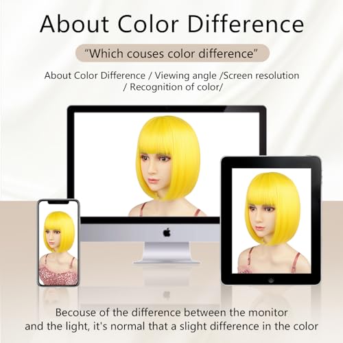 Yellow 12-Inch Synthetic Bob Wig with Flat Bangs for Costume & Parties