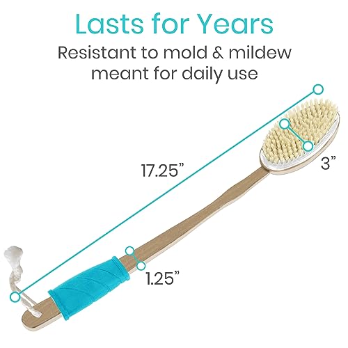 Vive Light Wood Back Scrubber for Shower - Long Handle Dry Body Brush