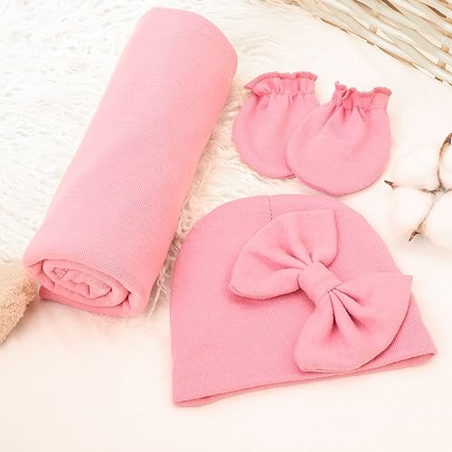 DRESHOW Newborn Receiving Blanket Set with Bow Hat & Mittens