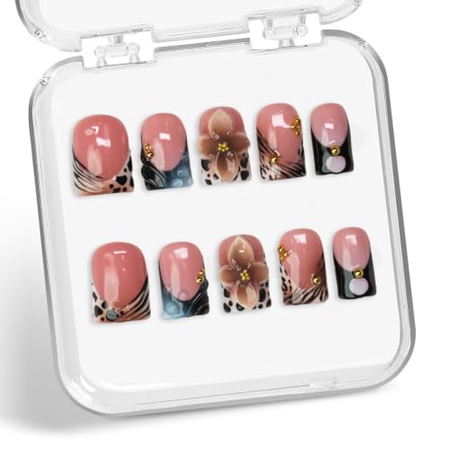 D-387-8 S: 10pcs Flower Leopard French Tip Press On Nails – Short Square Acrylic