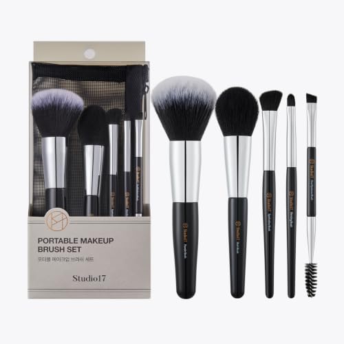 Portable Studio17 Travel Makeup Brush Set 5 PCS with Zippered Pouch – Essential Face & Eye Brushes