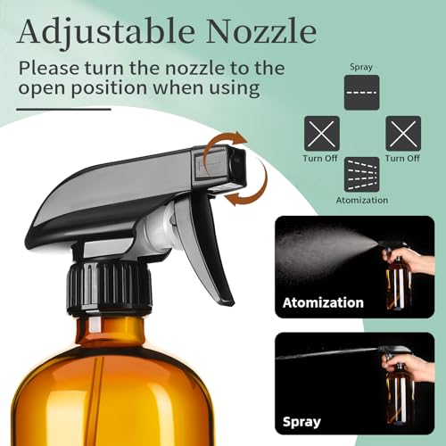 16oz Amber Glass Spray Bottles with Adjustable Nozzle - Refillable Cleaning and Essential Oil Sprays