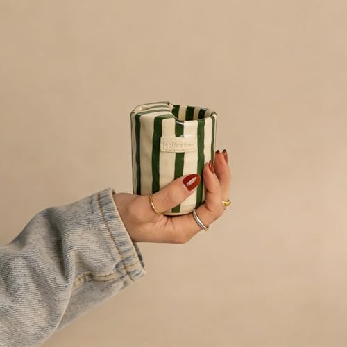 YETESON Retro Handmade Ceramic Travel Coffee Mug - 10oz Green & White Striped