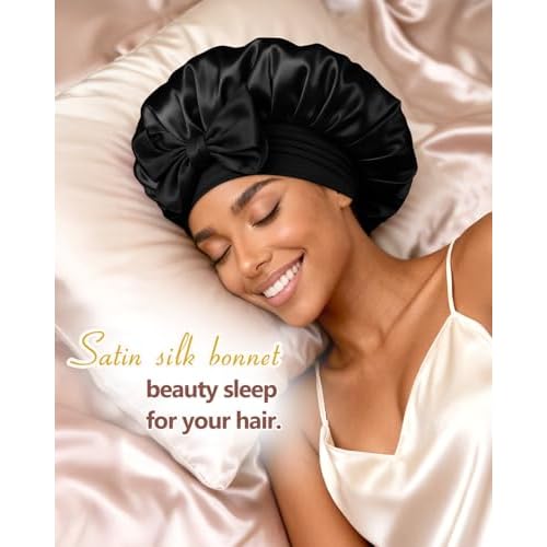 BONNET QUEEN Silk Bonnet for Sleeping Women, Satin Hair Bonnet with Adjustable Tie Band, Double Layer Sleep Cap That Stays On Overnight for Curly Hair, Braids, Wigs and Natural Hair, Large Black