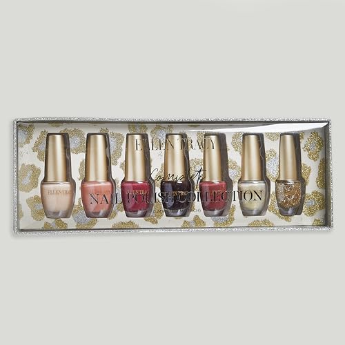 ELLEN TRACY 7-Color Nail Polish Set - Mini 0.24 Fl Oz Glitter & Glossy Shades, Gold Leopard Pattern