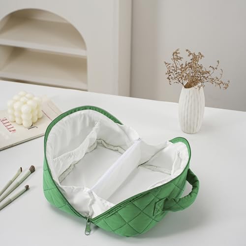 JOVAKIT Large Green Quilted Makeup Bag - Travel Cosmetic Organizer