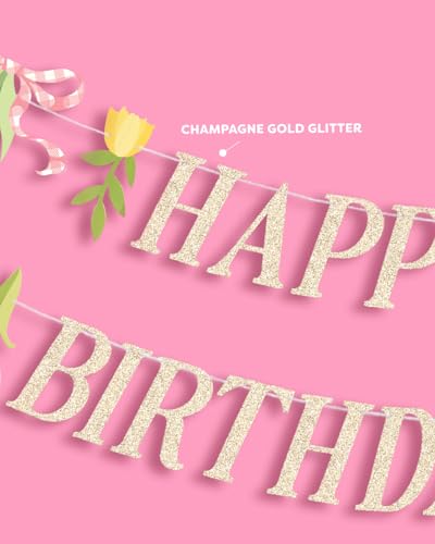 Floral Happy Birthday Banner | Garden Party Decor with Gold Glitter