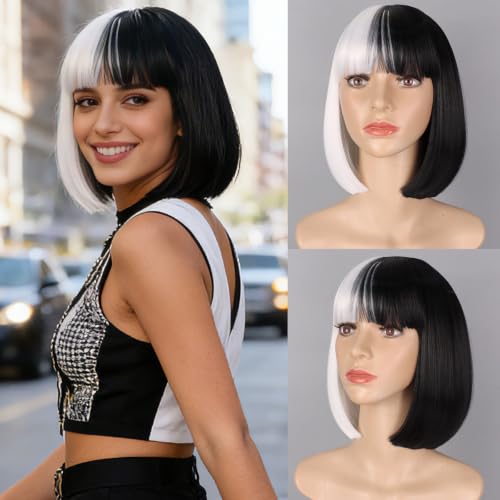 Short Black and White Bob Wig with Bangs for Cosplay and Halloween