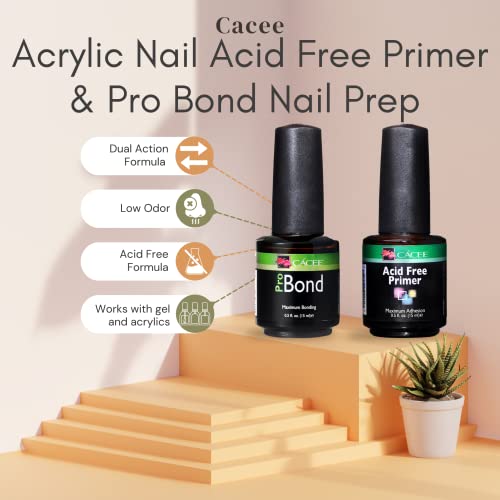 Cacee Acid Free Nail Primer & Pro Bond Nail Prep 0.5 oz - Low Odor, UV/LED Compatible, For Gel & Acrylic Nails, Variation: Acid Free + Probond