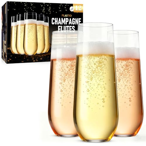 GuanQiao 12 Pack 9oz Stemless Plastic Champagne Flutes - Shatterproof & Reusable
