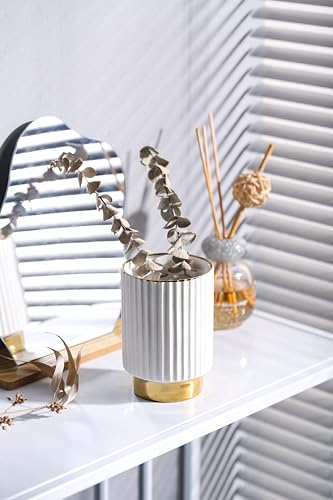 IEEK White Ceramic Makeup Brush Holder Organizer with Gold Accents