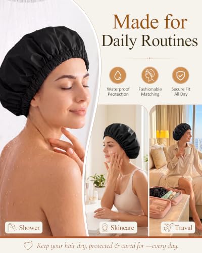 Edoneery Reusable Waterproof Shower Cap for Women Pink & Black
