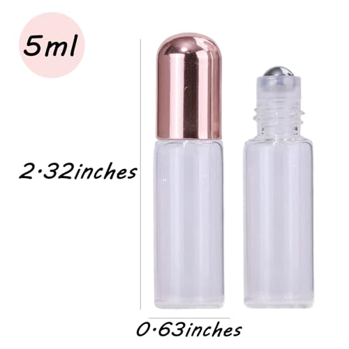 Clear Glass Essential Oil Roller Bottles 5ml Pack with Rose Gold Caps, Mini Refill Vials