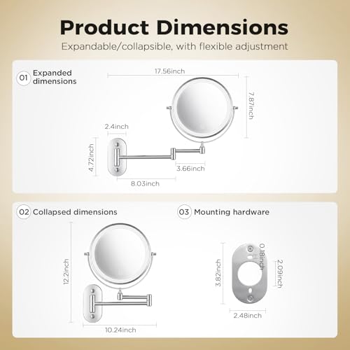 Wall Mounted Makeup Mirror with Light, 8 Inch 1X/30X Magnifying Mirror, Rechargeable 4000mAh, Double Sided, Extendable Arm, 360¡Æ Swivel Bathroom Mirror