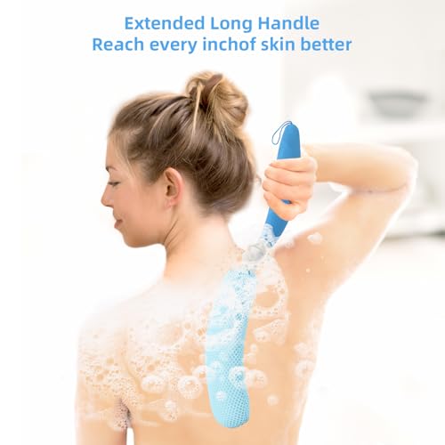 Leetye Mei Blue 15.35" Long Handle Shower Back Scrubber with Replaceable Mesh Head