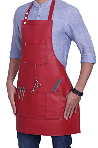 Facón Professional Leather Barber Apron with 6 Pockets - Red, 28" x 24"