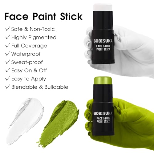 BOBISUKA Light Green & White Face & Body Paint Stick Kit with Black Eyeshadow, Eyeliner & Sponges - Halloween Cosplay Makeup Set