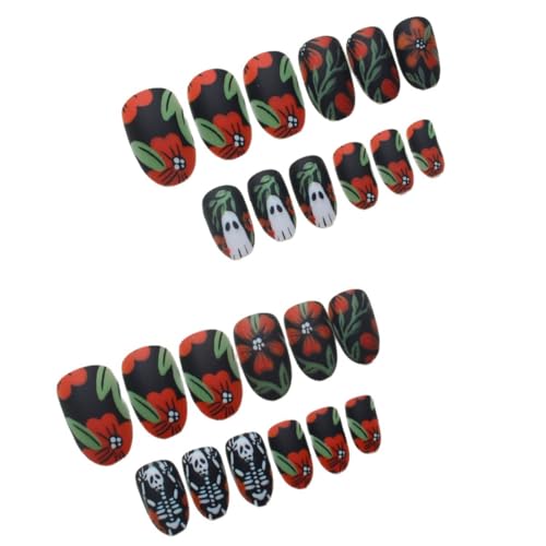 Halloween Press On Nails Short Oval Fake Nails with Skull and Ghost Designs - 24 Pack