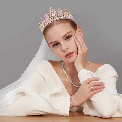 Pink Rhinestone Tiara Baroque Style Queen Crown Headband - Adult Party Wedding