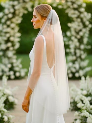 White Long Fingertip Bridal Tulle Veil with Comb for Brides