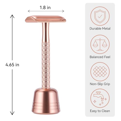 THE GROOMING SOCIETY Rose Gold Double Edge Safety Razor with Stand & 10 Blades