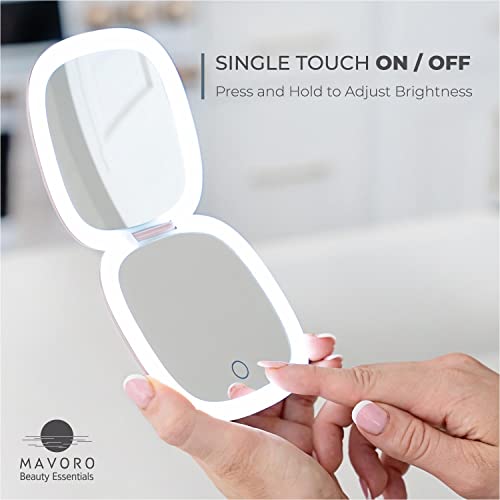 Mavoro Heavenly Pink LED Compact Makeup Mirror | 1x/10x Magnification, USB-C Charging, Dimmable Lighting