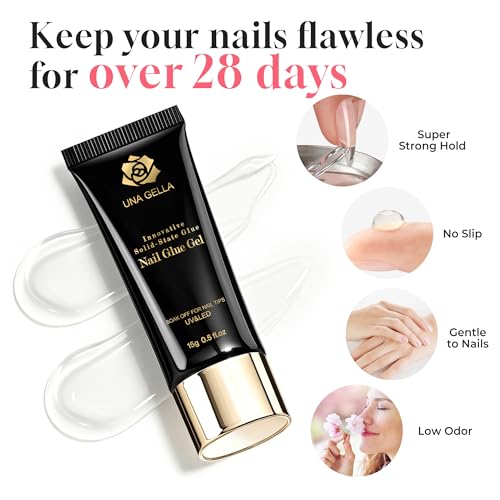 UNA GELLA Solid Nail Glue Gel 15ml Lamp Curing Needed Solid Soak Off U V/LED Lamp Required Super Strong Glue for Fake Acrylic Soft Gel Nail Tips Press On Nails Art Extension