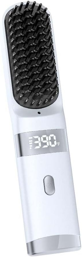Cordless Hair Straightener Brush - Portable Travel Comb with USB Charging | Fast Heating, LCD Display (White-Silvery)