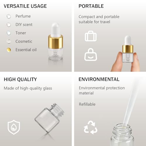 Elfenstall 15 Pack 1ml Clear Glass Dropper Bottles for Essential Oils & Perfumes – Travel Sample Vials