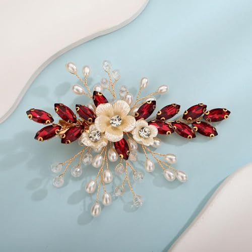Rumtock Wine Crystal Hair Clip with Pearl Beads for Women & Girls - Bridal Wedding Hair Jewelry