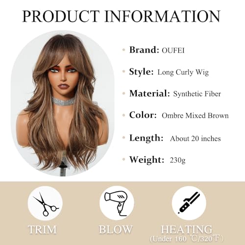 OUFEI Ombre Mixed Brown Wigs with Bangs - Natural Wavy Synthetic Hair for Women, Heat Resistant, Daily & Party Wear (Model 1261-1)