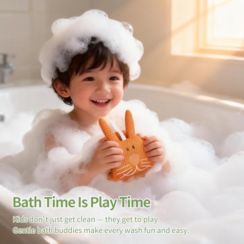 Dewlavelle Kids Bath Sponge - Soft Mesh Shower Pouf with Cute Turtle & Bunny - Gentle Kid-Friendly Bath Accessories