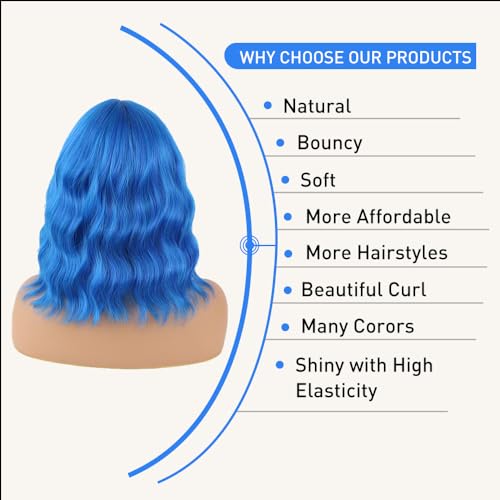 Blue Wigs for Women 14 Inch Curly Wavy Bob Cosplay Party Halloween Synthetic Hair