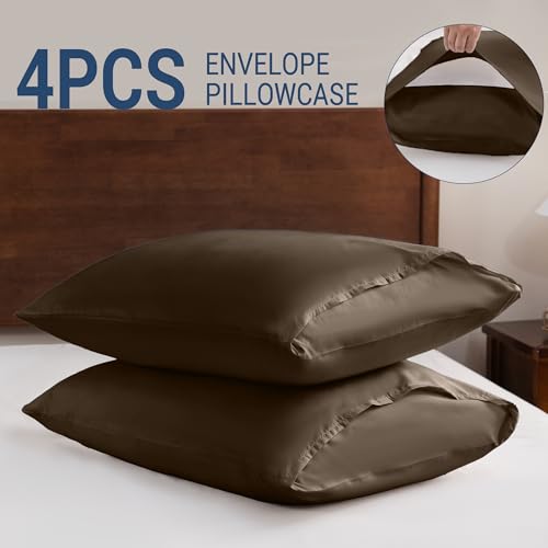 Queen Pillowcases Set of 4 - 20x30 Soft Microfiber with Envelope Closure, Brown