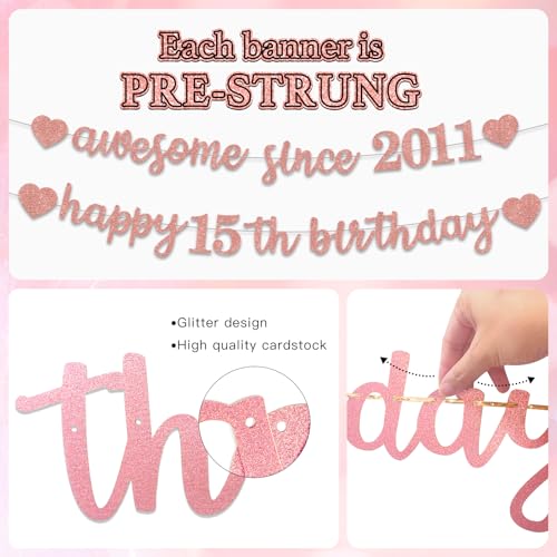 Glitter Rose Gold 15th Birthday Banner Decorations for Girls