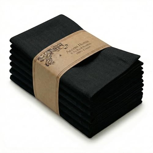Elegant Black Cotton Herringbone Cloth Napkins - Set of 6