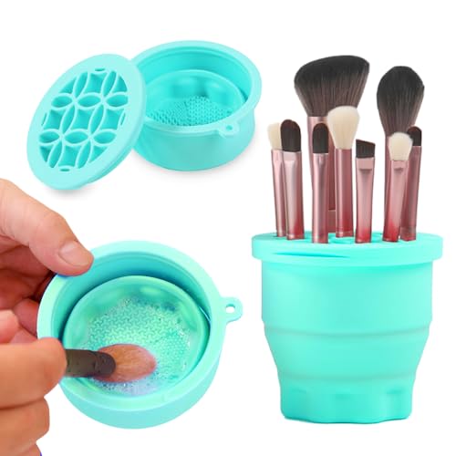 Green Makeup Brush Cleaner Mat with Storage Holder, 2-in-1 Silicone Pad & Organizer