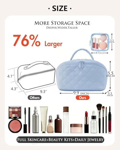 MINGRI Blue Quilted Makeup Bag Set - 180° Lay-Flat Design, 7 Compartments