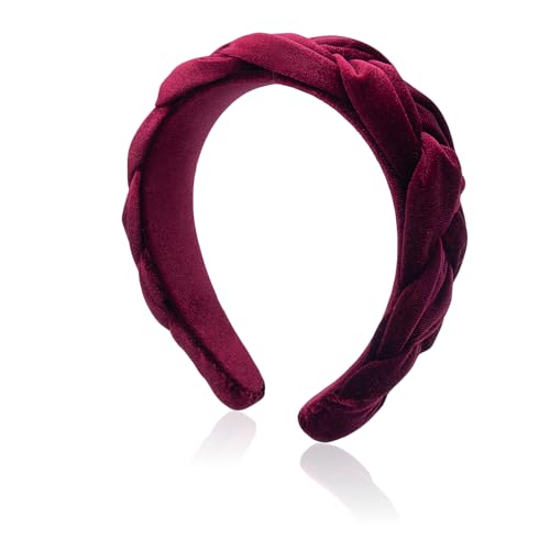 Dresyu Burgundy Braided Velvet Headband for Women, Padded Non-Slip Hair Accessory