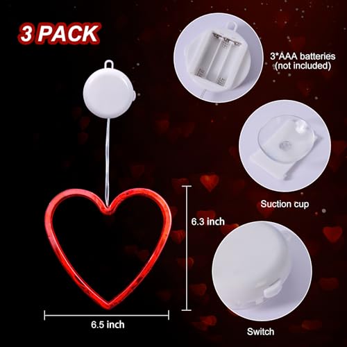 Battery Powered Heart Shaped Window Lights - 3 Pack Valentine's Day Decor