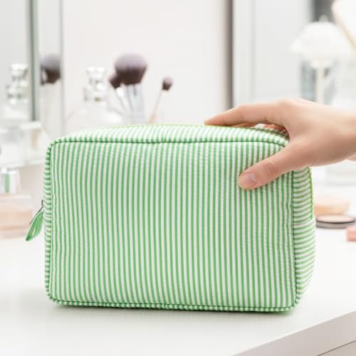 Sanwuta 3-Pack Seersucker Makeup Bags for Women - Pink, Blue, Green