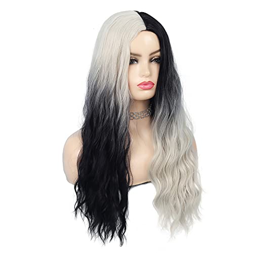 Swiking Half White Half Black Curly Wigs for Women - Long Wave Ombre Synthetic Hair, Party Cosplay