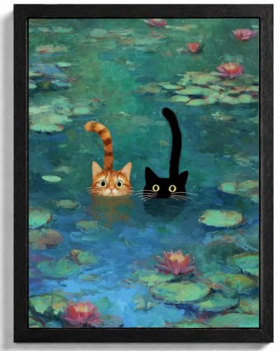 Framed Whimsical Cat Canvas Art - Claude Monet Style, 8x10