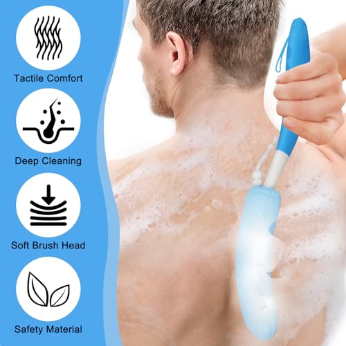 Leetye Mei Blue 15.35" Long Handle Shower Back Scrubber with Replaceable Mesh Head