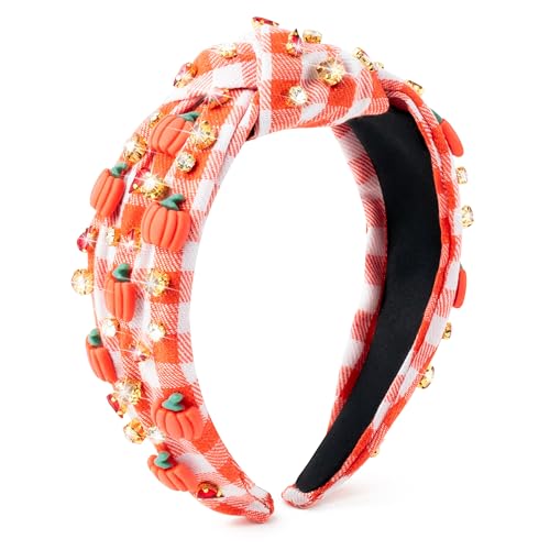 PANTIDE Jeweled Knotted Headband with Rhinestone Pumpkin for Fall